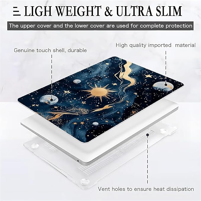 COTAIL Compatible with MacBook Air 13.3 13.6 Inch Case 2022 2021 2020 2019 Plastic Hard Shell Case Cover,13.3 Air (A1932/A2179/A2337), Moon and Sun