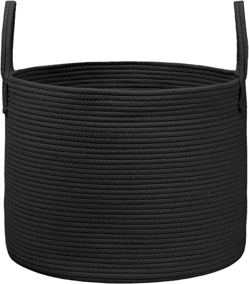 JMvicyroam Extra Large Blanket Basket - Woven Cotton Rope Laundry Hamper with Reinforced Handles | Machine Washable, Black