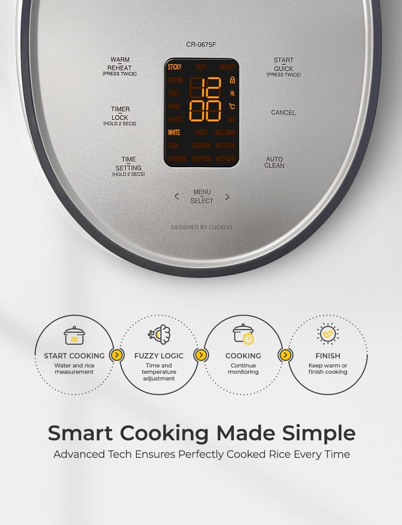 CUCKOO Micom Rice Cooker 6-Cup Uncooked / 12-Cup Cooked with Nonstick Inner Pot, Versatile Rice Maker with 9 Menu Options, Fuzzy Logic Technology, Auto Clean, Quick Rice Mode, Gray (CR-0675FG)