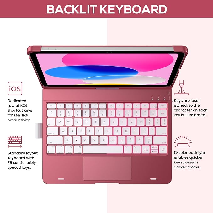typecase Touch iPad 11th 10th Generation Case with Keyboard (11" 2025, A16 & 10.9" 2022) – 360° Rotatable, 11-Color Backlit, Multi-Touch Trackpad, Pencil Holder, Thin & Light – Pink