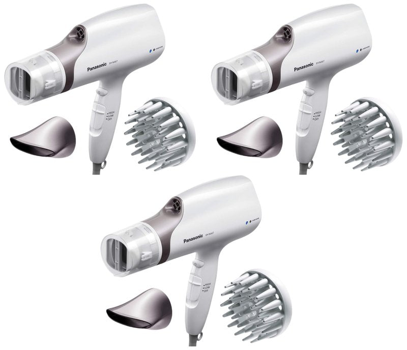 Panasonic Nanoe Salon Hair Dryer with Oscillating Quickdry Nozzle, Diffuser and Concentrator Attachments, 3 Speed Heat Settings for Easy Styling and Healthy Hair - EH-NA67-W (White) (Pack of 3)