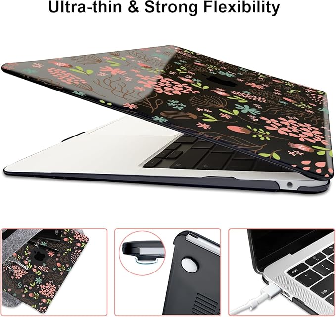 LCMOCICO for MacBook Air 13 inch Case 2021 2020 2019 2018 Release M1 A2337 A2179 A1932, Pritned Pattern Plastic Hard Case Cover for MacBook Air 13.3" Retina Display Touch ID, Seamless Flower Black