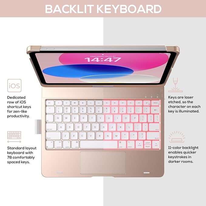 typecase Touch iPad 11th 10th Generation Case with Keyboard (11" 2025, A16 & 10.9" 2022) – 360° Rotatable, 11-Color Backlit, Multi-Touch Trackpad, Pencil Holder, Thin & Light – Rose Gold