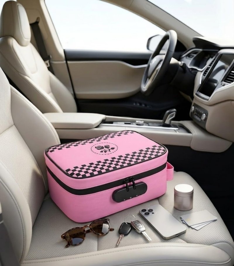ANZOME Large Smell Proof Bag with Lock, Pink Lockable Storage Case, Activated Charcoal Odor Control, Waterproof Zipper Travel Organizer Pouch, Stash Box Alternative with 7 Accessories for Home & Trips