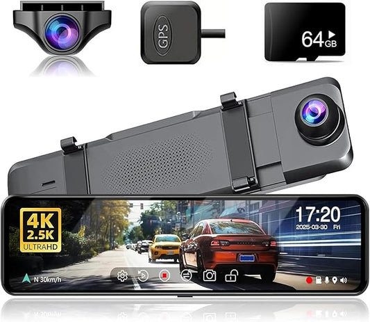JOMISE G814 11" 4K+2.5K Rear View Mirror Camera — No WiFi/App, Mirror Dash Cam Front and Rear, Pure Evidence Recorder, Dash Cam for Cars, 3X Zoom, 64GB Card Included