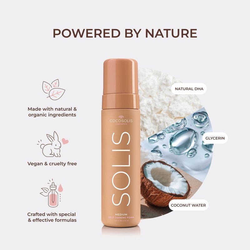 COCOSOLIS SOLIS medium self-tanning lotion for face and body, mousse for a rich, natural and long-lasting tan, with plant-based DHA (200 ml)