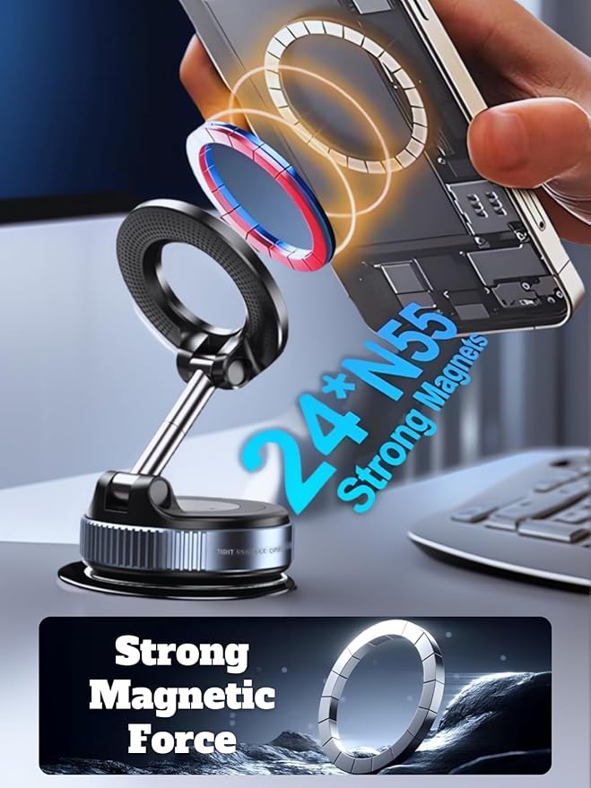 Praisol Car Phone Holder for Magsafe, 360° Adjustable Vacuum Magnetic Phone Mount with 3000gf Magnetic Grip & 40LBS Suction Cup, Shockproof Design for All Smartphones