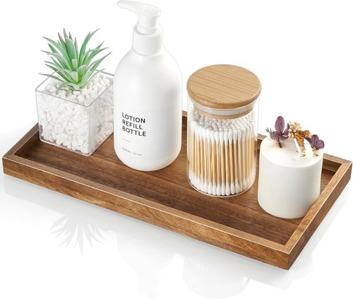 ALELION 11.7" Acacia Wood Bathroom Vanity Tray - Decorative Counter Organizer for Makeup, Perfume & Jewelry