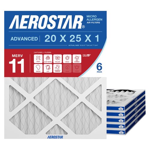 Aerostar 20x25x1 MERV 11 Air Filter, 6 Count, ACTUAL SIZE (19.75 x 24.75 x 0.75), HVAC, Air Conditioning & Furnace Filter for Dust, Pet Dander, Smoke & Allergies (MPR 1200 / FPR 7), Made in USA