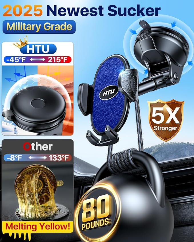 HTU 【Military-Grade Suction】 Cell Phone Holder for Car【Flexible Telescopic Arm】 Car Phone Mount Stand for Dashboard Windshield for iPhone 17 16 Pro Max 15 14 13 12 Samsung Truck Jeep, Dark Blue