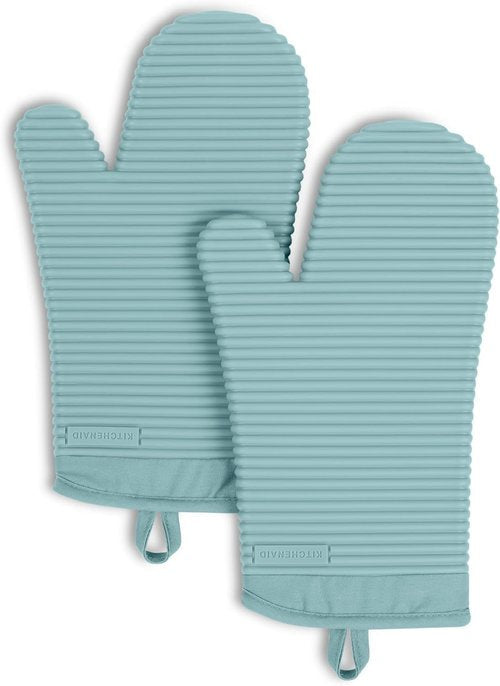 KitchenAid Ribbed Soft Silicone Oven Mitts - 2-Pack Set, 7.5"x13", Mineral Water Aqua