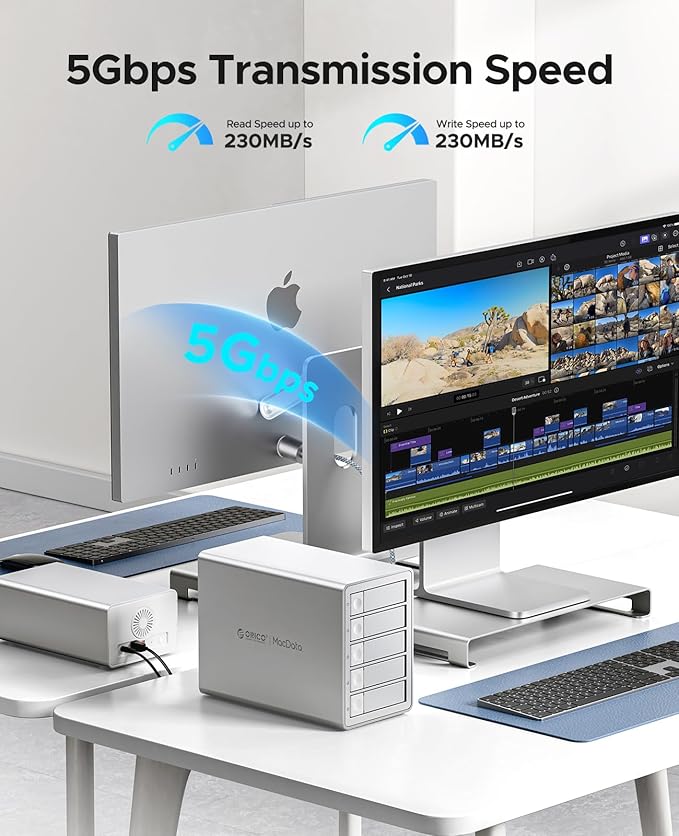 ORICO 5-Bay RAID External Hard Drive Enclosure for 2.5/3.5 Inch SATA HDD/SSD up to 5X 22TB, USB3.0 Type-A Hard Drive Docking Station, Supports RAID 0/1/3/5/10/JBOD/Clone/ClearMode -9958RU3
