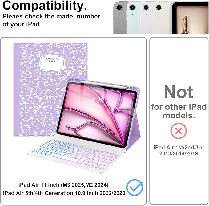 Supveco Keyboard Case for iPad Air 11 Inch (M4 2026,M3 2025,M2 2024),iPad Air 5th/4th Generation with Pencil Holder-7 Colors Backlit Wireless Detachable Folio Keyboard Cover -Lilac