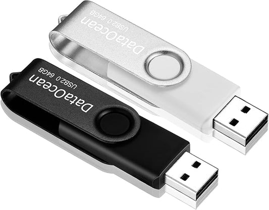 DataOcean 2 Pack 64GB USB 2.0 Flash Drive Memory Stick Thumb Drives Swivel Design(2 X 64GB: Black Silver)