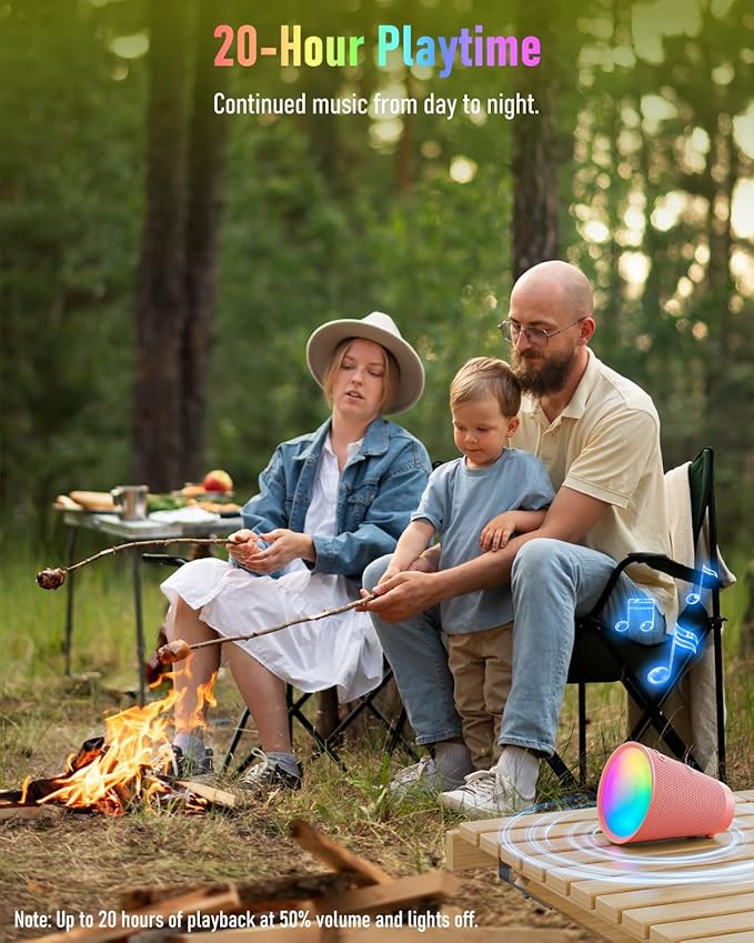 Gladorn Portable Bluetooth Speaker Wireless with 9 Color Lights, 20H Playtime, Stereo Pairing, Deep Bass, IPX6 Waterproof, Bluetooth 5.3, Small Speaker for Home, Party, Outdoor, Camping, Beach, Gift