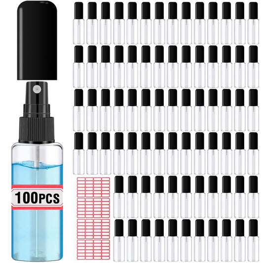DupakSYS 100 Pack 2oz/55ml Plastic Small Spray Bottles Mini Travel Spray Bottle with Black Cap Empty Fine Mist Spray Bottles Refillable Liquid Container for Perfumes Travel Makeup