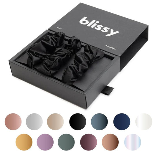 Blissy Silk Scrunchies (3 Pack) - 100% Pure Mulberry Silk - 22 Momme 6A High-Grade Fibers Scrunchie for Straight & Curly Hair - Preventing Breakage, Tangling, & Creasing (Black Skinny)
