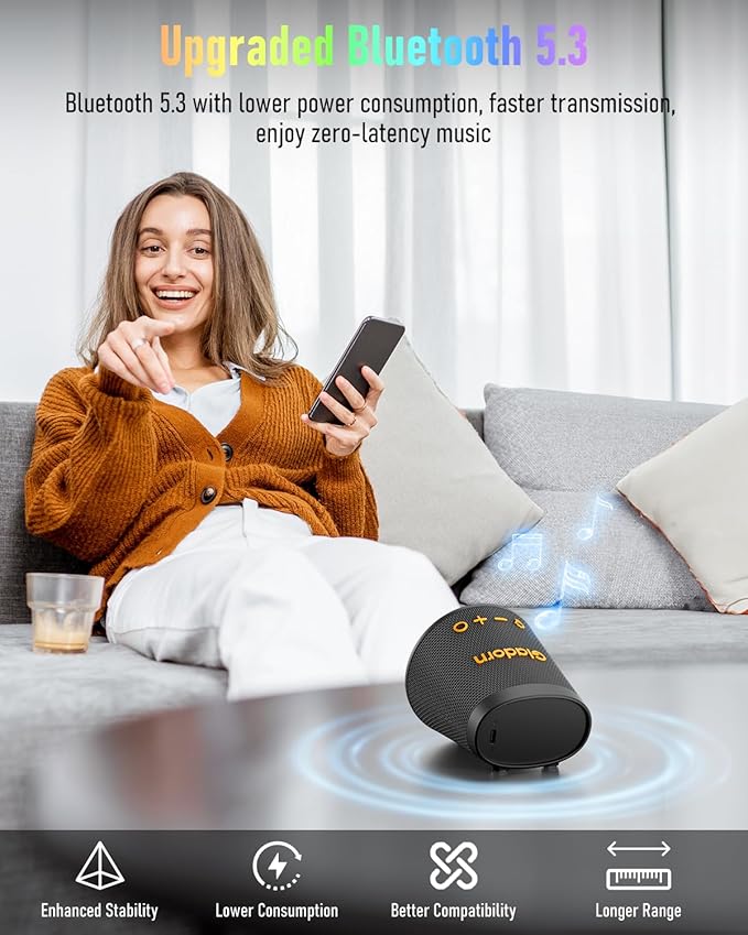 Gladorn Portable Bluetooth Speaker Wireless with 9 Color Lights, 20H Playtime, Stereo Pairing, Deep Bass, IPX6 Waterproof, Bluetooth 5.3, Small Speaker for Home, Party, Outdoor, Camping, Beach, Gift