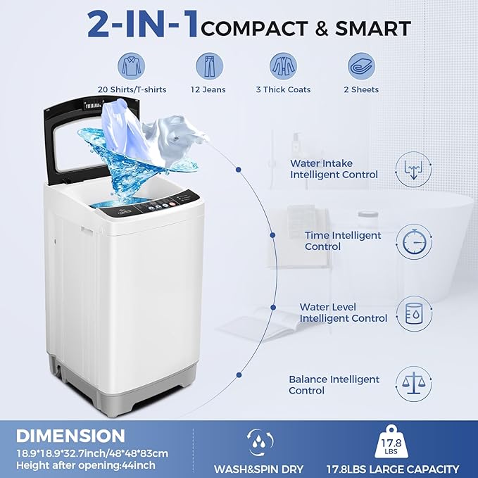 Nictemaw Portable Washing Machine 17.8Lbs 2.4 Cu.ft Full Automatic Washer Machine with 10 Programs and 8 Water Levels Small Washing Machine for Apartment, Rv, Home, Glass Cover