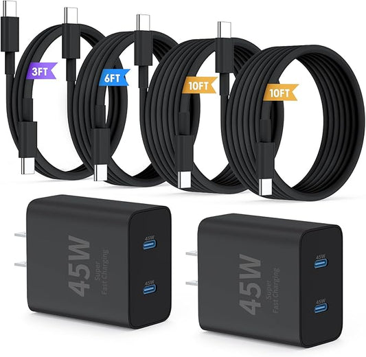 QZIIW Super Fast Samsung Charger Type C,45W Dual Port USB C Fast Charger Block [2-Pack] & Extra Long 60W 3/6/10/10FT USB C Cable - PD Quick Charging 3.0 For Samsung Galaxy S25 Ultra/S24+/S23 iPhone 16