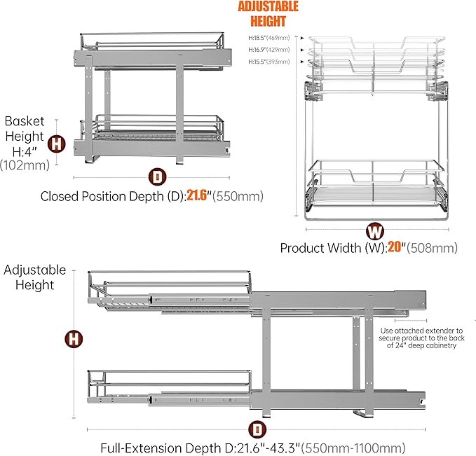 2-Tier Cabinet Pull Out Shelves (20" W x 22" D), Slide Out Shelves for Kitchen Cabinets, Metal Pots and Pans Organizer for Under Cabinet