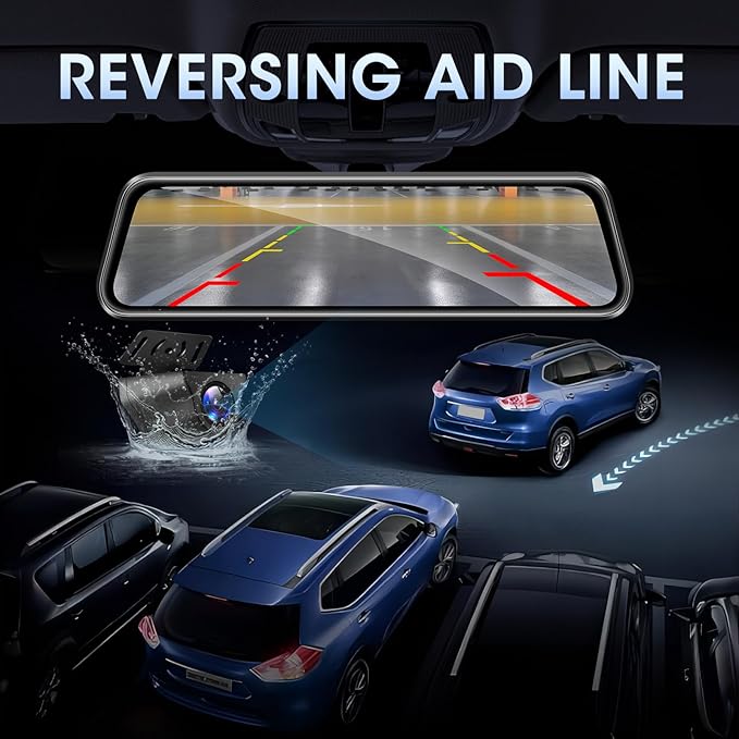 【Limited-Time】 4K WiFi Rear View Mirror Camera 10’’ Mirror Dash Cam Front and Rear w Super Night Vision Dash Cam Mirror w 64G TF Card WiFi App Loop Recording G Sensor Waterproof Reversing Camera