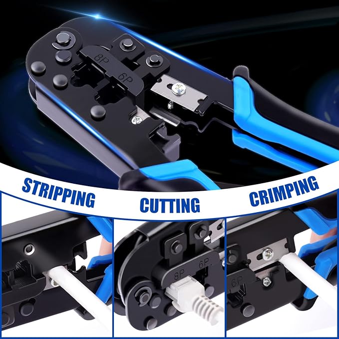 Delgada RJ45 Crimp Tool, Ethernet Crimper for RJ-11,6P/RJ-12,8P/RJ-45 Crimp, with 20pcs Cat5 Cat5e RJ-45 Connectors-20PCS Covers-1 Network Wire Stripper