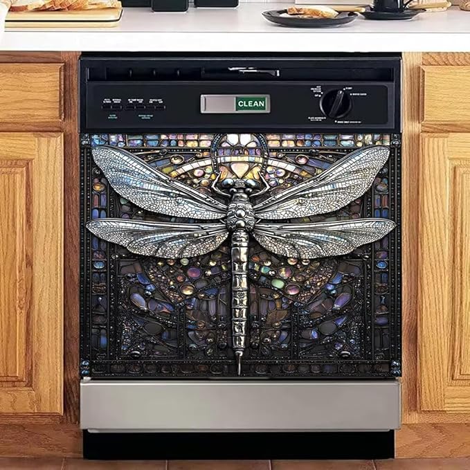 Retro Dragonfly Dishwasher Magnet Cover, Modern Art Deco Fridge Panel Magnetic Decal Home Kitchen Decor, Reusable Dishwasher Covers,23 x 17 inch
