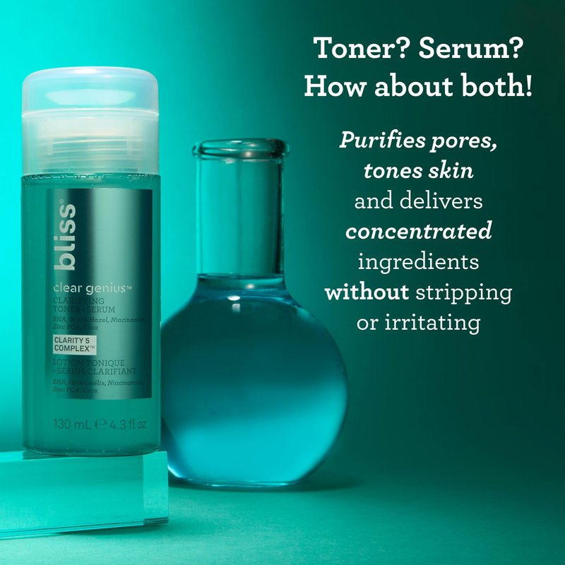 Bliss Clear Genius Clarifying Toner + Serum - 4.3 Fl Oz - Purifies Pores, Tones, Calms & Clears Skin - Salicylic Acid, Niacinamide & Witch Hazel - Clean Paraben Free - Vegan & Cruelty-Free