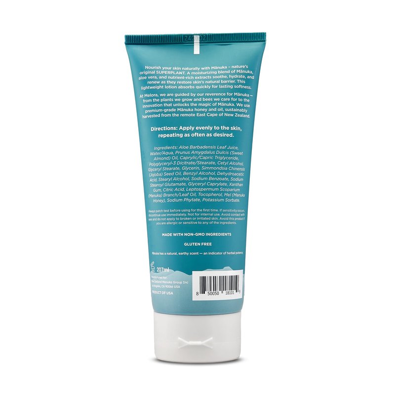 MELORA Manuka Honey Body Lotion (7oz), Moisturizing Lotion with Soothing Manuka Honey & Oil for Dry, Very Dry, Sensitive, or Aging Skin – Cream Moisturizer for Women & Men