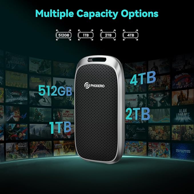 PHIXERO 512GB Portable SSD, Type-C Interface, Up to 450Gbps, Built-in mSTAT SSD for Ultra-Fast Data Transfer,Black