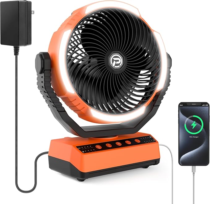 Camping Fan with Light - 20000mAh Rechargeable Battery Fan, 110Hrs Run Time, 4 Speeds, 8H Timers, 110° Auto Oscillation & 270° Pivot Tent Fan with Hook for Camping Power Outage, Hurricane(no adapter)