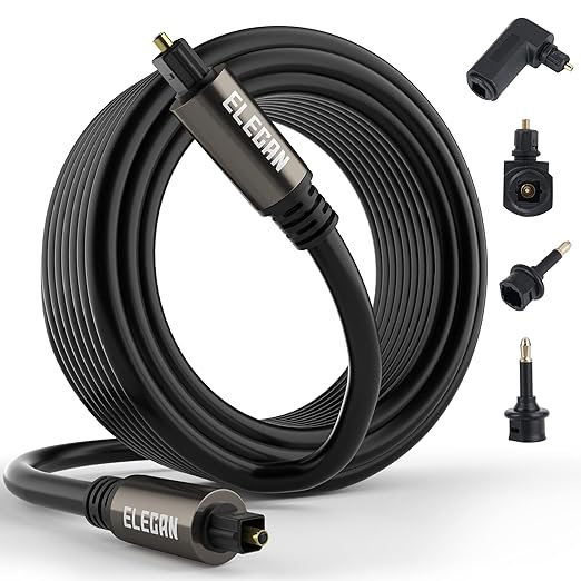Elecan Optical Audio Cable 75 Ft Digital Audio Toslink Cable Cord-Fiber Optic-Gold Plated-Flexiable&Durable-for Home Theater,Sound Bar,PS4&Xbox-with 4 Right Angled and Mini Toslink Adapters+Ties