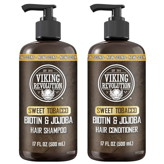 Viking Revolution Sweet Tobacco Mens Shampoo and Conditioner Set with Biotin and Jojoba Oil - Natural Hair Shampoo and Hair Conditioner for Men with Vitamin B5 - Mens Shampoo for Thinning Hair (17Oz)