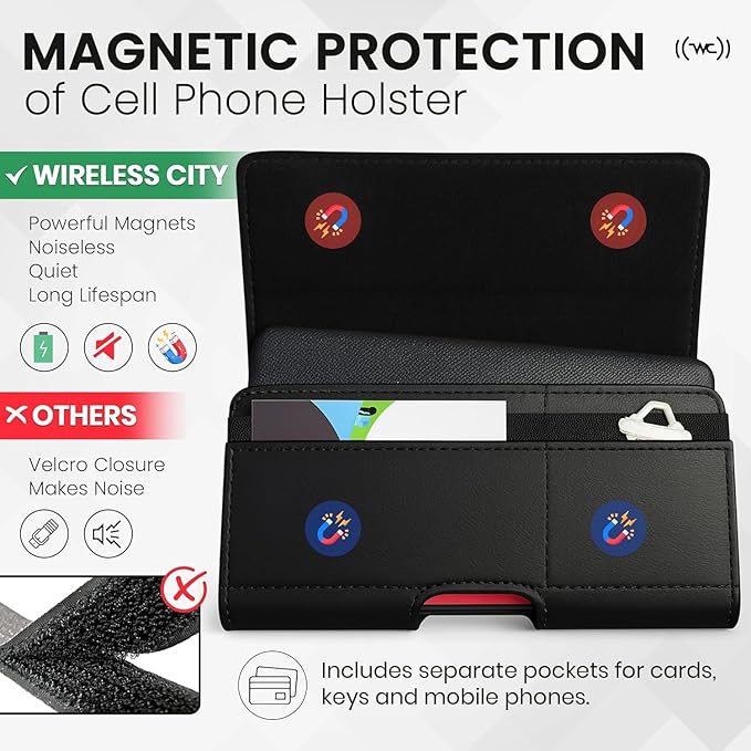 Wireless City Leather Phone Holster for iPhone 17/17 Pro, 16/16 Pro/16e, 15/15 Pro, 14/14 Pro, 13/13 Pro, 12/12 Pro, 11, XR Horizontal Belt Clip Phone Pouch Card Holder Magnetic Closure Phone Case
