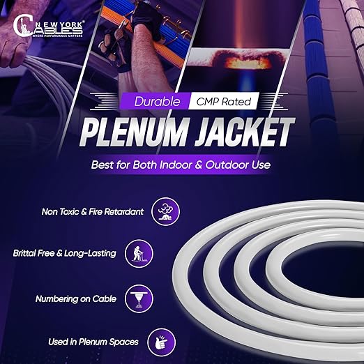 Newyork Cables | Cat6A Plenum (CMP) Cable 1000ft, 750MHz, PoE++ (4PPoE) | 100% Solid Pure Copper 10GB High Speed Ethernet Cable | 23AWG 4 Pair (UTP) Solid Conductors Available in 7 Colors (White)