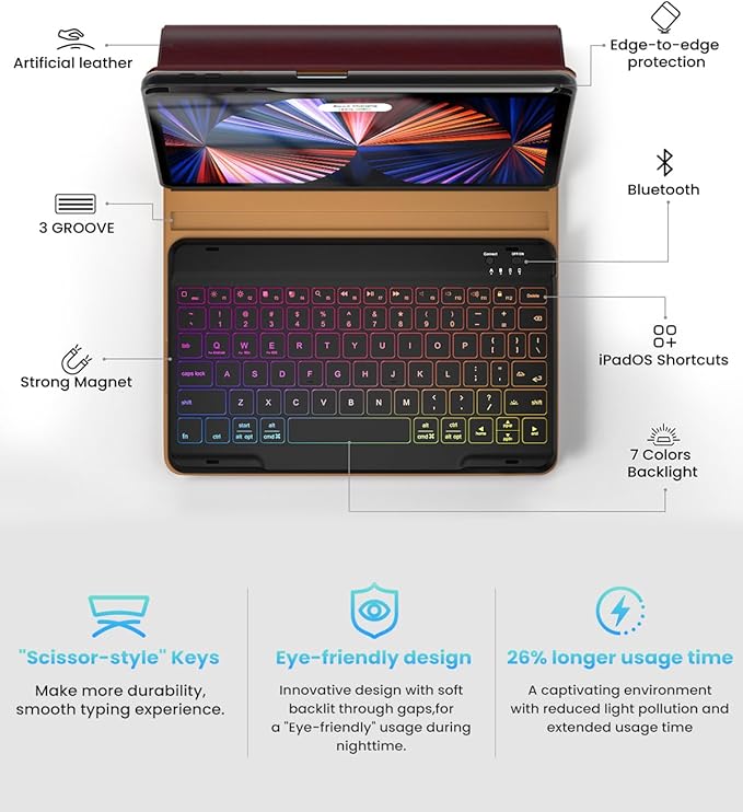 OPAKIT PU Leather Keyboard Case for iPad Air 5th/4th Generation 10.9 Inch & Pro 11 Inch 1st-4th Gen, 7-Color Backlit BT Folio Keyboard with Pencil Holder, Compatible with iPad Air 11 Inch M2 (Wine)