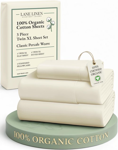 LANE LINEN 100% Organic Cotton Twin XL Sheets Set, 3-Piece Pure Organic Cotton Percale Sheets, Cotton Bedsheets, Ultra Soft Bedding Sheets, Breathable, Fits Mattress Upto 15" Deep - Natural