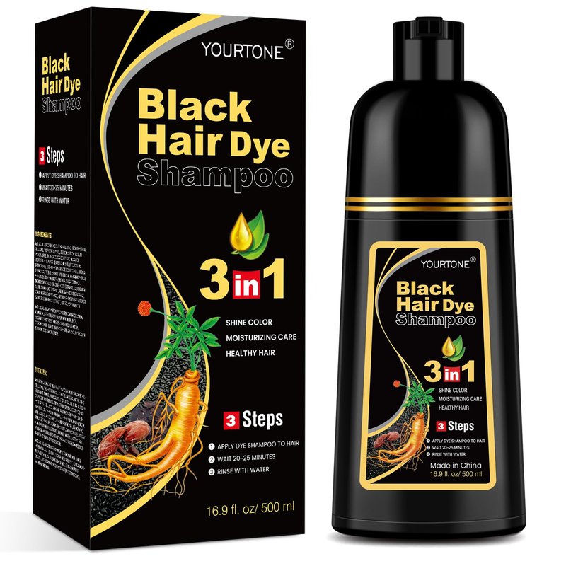 YOURTONE Black Hair Dye Shampoo 3 in 1 for Gray Hair Coverage, Hair Color Shampoo for Women Men, Herbal Ingredients Champu Para Pintar el Cabello (16.9 Oz)