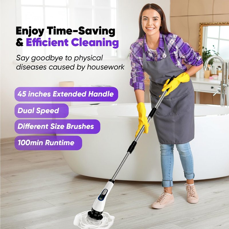 848 Store Electric Spin Scrubber Cordless – Powerful Bathroom Cleaning Brush with Long Handle, 2 Speeds, 3000mAh Rechargeable, 7 Brush Heads, Wall Hanger & Crevice Tools – Shower, Tub & Tile Cleaner