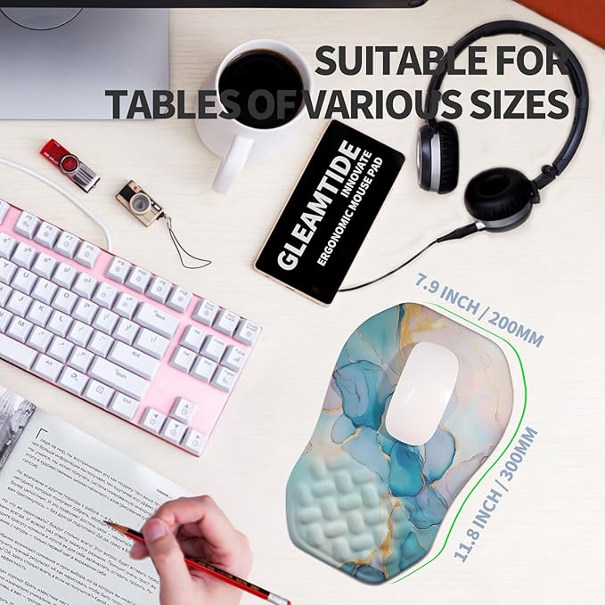 Gleamtide Ergonomic Raised Mouse Pad Wrist Support with Bilateral Slope Memory Foam Mousepad for Wrist Rest and Carpal Tunnel Pain Relief 11.8x7.9〃Blue Marble