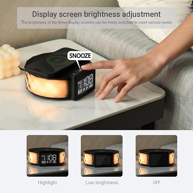 YIDPU Alarm Clock with Fast Wireless Charging 15W,Digital Alarm Clock Night Lamp for Bedroom, RGB Nightlight for 5 Colors,Snooze Mode,8 Types of Music with Cable (Black)