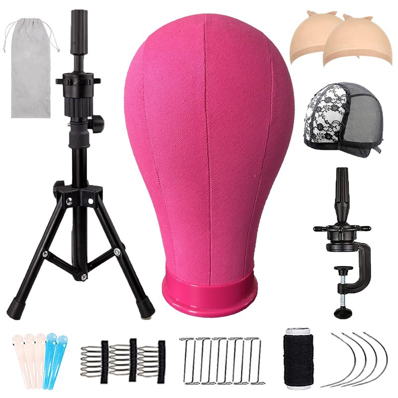LUNGCYX 23Inch Wig Stand Tripod,Canvas Wig Head Stand Mannequin Head Foldable Wig Stand Set for Making Display with Table Clamp,Wig Cap & T Pins