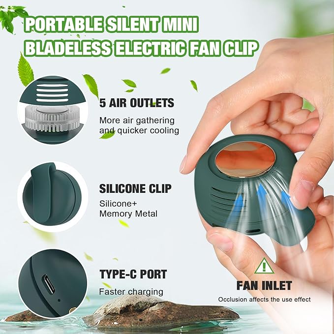 Wshxjzyay Portable Silent Mini Bladeless Fan Clip on, Portable Silent Mini Bladeless Electric Fan, For Outdoor & Travel & Office, Travel Accessories, Gift, Adjustable 3-Speed (Type-c, Green)
