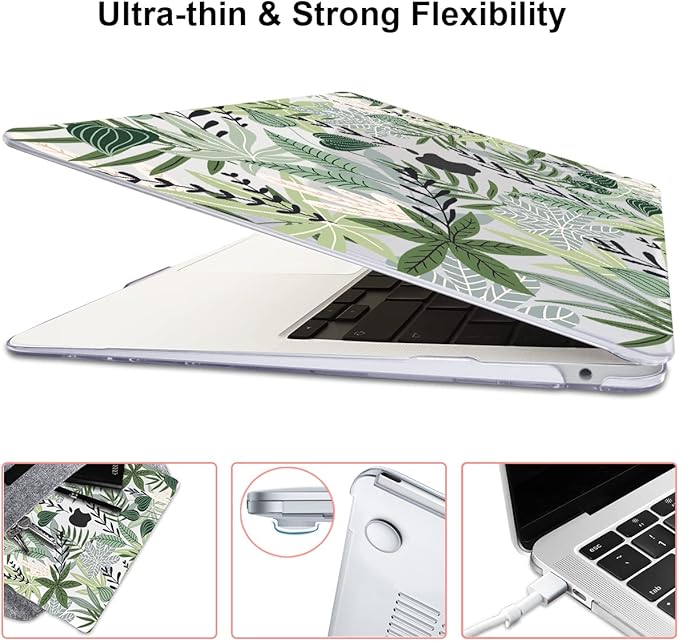 LCMOCICO for MacBook Air 13 inch Case 2021 2020 2019 2018 for Mac A2337 M1 A2179 A1932 Cover with Touch ID, Crystal Plastic Hard Shell Case Keyboard Skin Screen Protector, Tropical Green Leaves