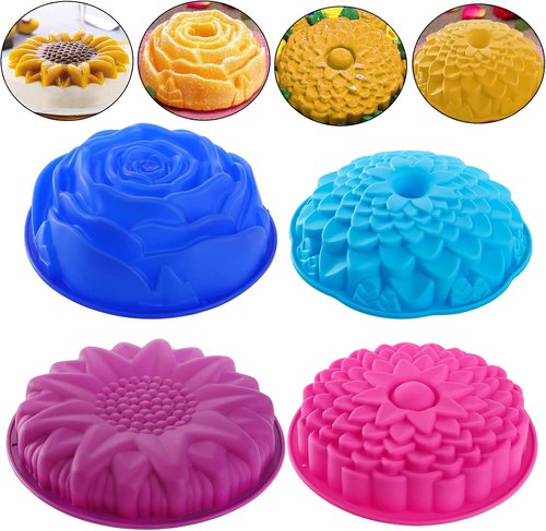 DEAYOU Silicone Cake Molds - 4 Pack Flower Shape Non-Stick Baking Trays for Brownies & Tarts