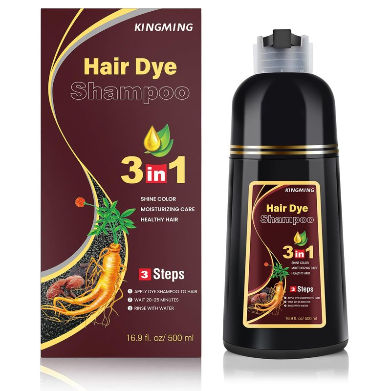 KINGMING Dark Brown Herbal Instant Color Shampoo for Gray Hair Coverage for Women & Men - 3 in 1 Champu Con Tinte Para Canas 500ml