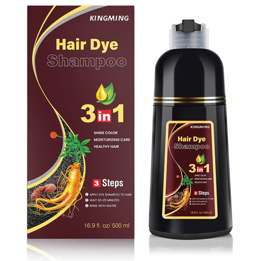 KINGMING Dark Brown Herbal Instant Color Shampoo for Gray Hair Coverage for Women & Men - 3 in 1 Champu Con Tinte Para Canas 500ml
