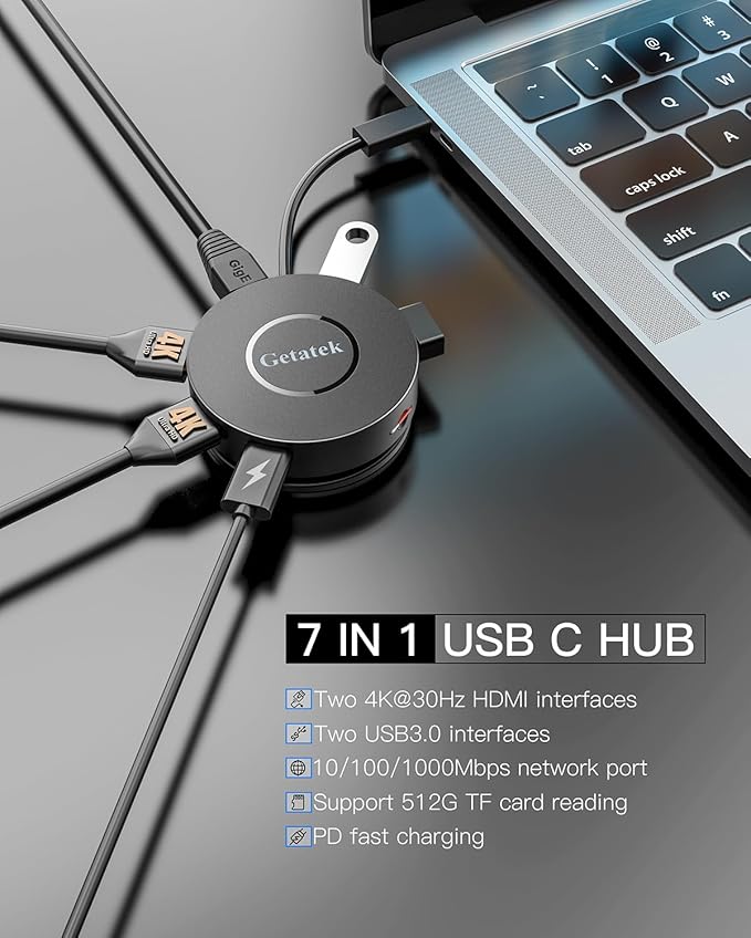 Getatek USB C Hub, 7 Ports Multiport Adapter with Dual HDMI Adapter, Type-C 100W PD Charging, 2* USB 3.0,Gigabit Ethernet, Card Reader, USB-Dongle for MacBook Pro/Air (USB C Dock Dual HDMI)