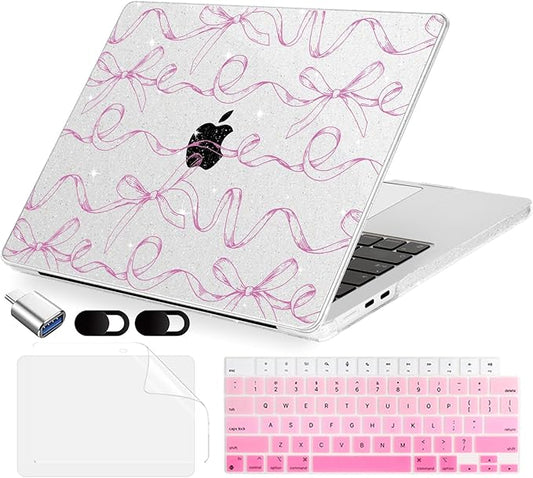MecBevia Compatible with 2026 M5 MacBook Air 15 inch Case, 2026 2025-2023 M5 A3448 M4 A3241 M3 A3114 M2 A2941, Keyboard Cover, Screen Protector, Webcam Cover & Type-C OTG, Sparkly Bows